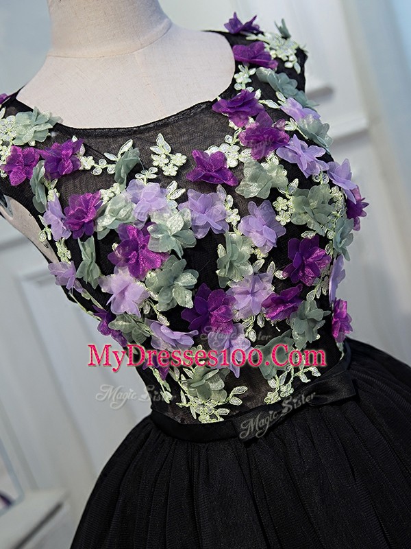 Fitting Sleeveless Mini Length Hand Made Flower Backless Prom Dresses with Black
