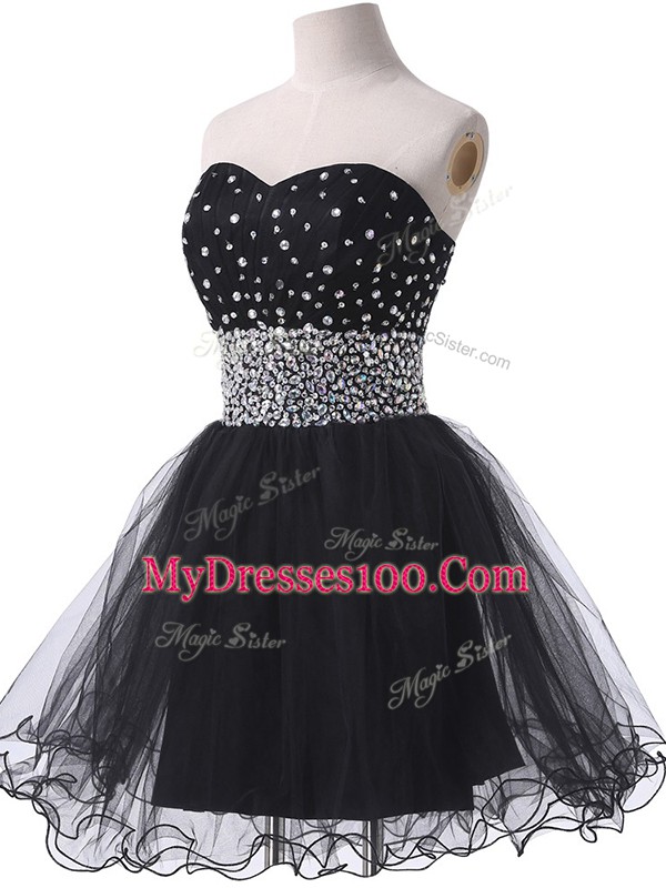 Sexy Black A-line Beading Dress for Prom Lace Up Tulle Sleeveless Mini Length