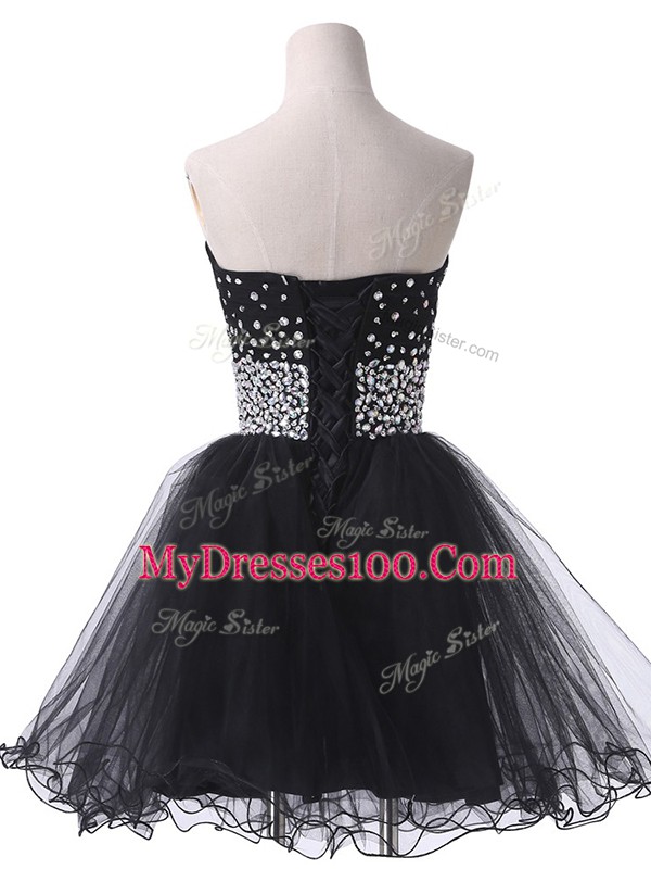 Sexy Black A-line Beading Dress for Prom Lace Up Tulle Sleeveless Mini Length