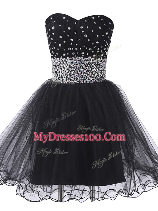 Sexy Black A-line Beading Dress for Prom Lace Up Tulle Sleeveless Mini Length