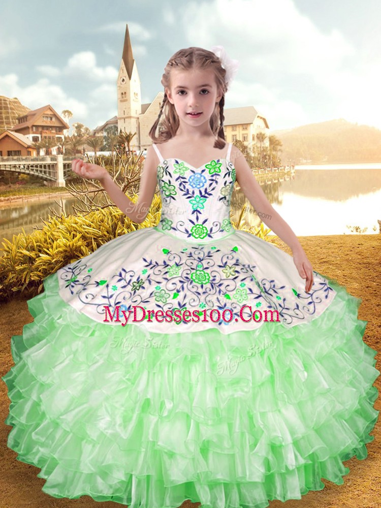 Perfect Apple Green Sleeveless Embroidery and Ruffled Layers Floor Length Kids Formal Wear