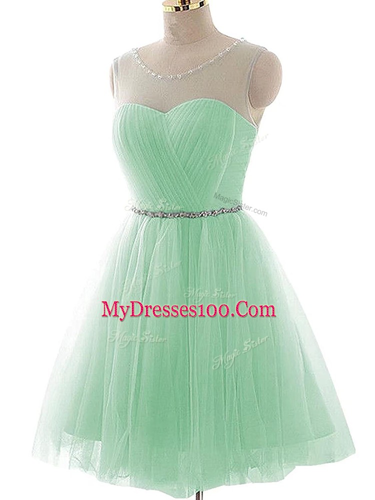 Stunning Apple Green Lace Up Juniors Party Dress Beading and Ruching Sleeveless Mini Length