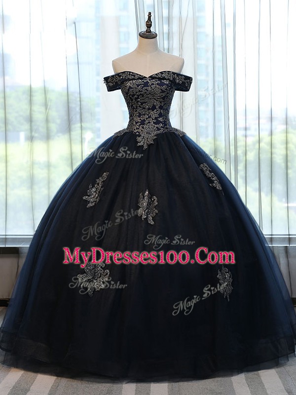 Captivating Navy Blue Sleeveless Appliques Floor Length Quinceanera Dress
