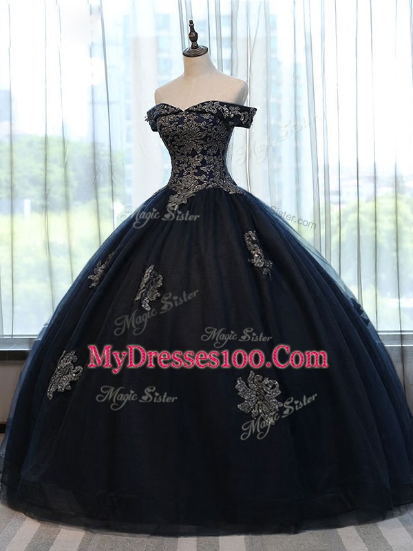 Captivating Navy Blue Sleeveless Appliques Floor Length Quinceanera Dress