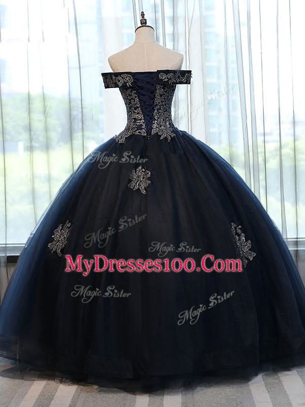 Captivating Navy Blue Sleeveless Appliques Floor Length Quinceanera Dress