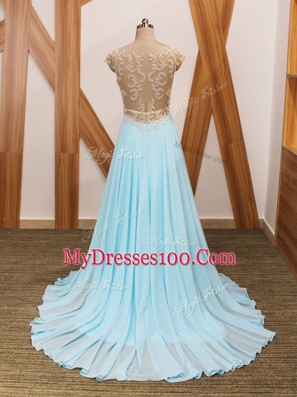 Adorable Aqua Blue Prom Evening Gown Prom and Party and Beach with Beading and Ruching V-neck Short Sleeves Brush Train Side Zipper