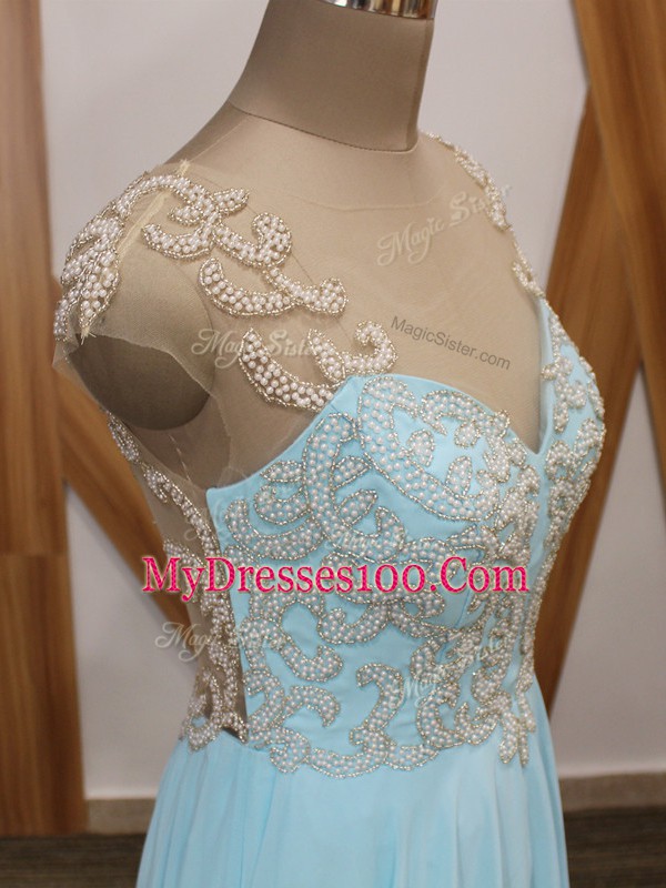 Adorable Aqua Blue Prom Evening Gown Prom and Party and Beach with Beading and Ruching V-neck Short Sleeves Brush Train Side Zipper