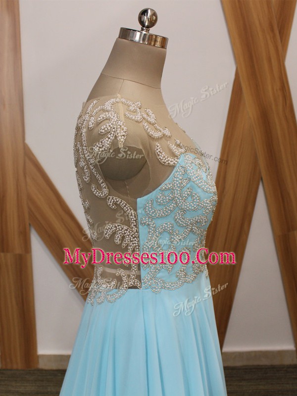 Adorable Aqua Blue Prom Evening Gown Prom and Party and Beach with Beading and Ruching V-neck Short Sleeves Brush Train Side Zipper