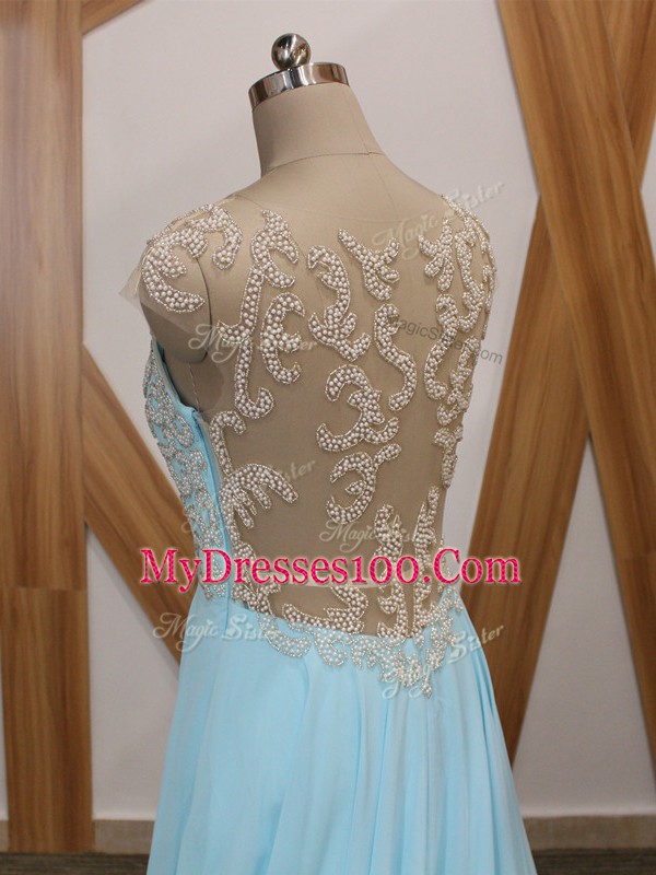 Adorable Aqua Blue Prom Evening Gown Prom and Party and Beach with Beading and Ruching V-neck Short Sleeves Brush Train Side Zipper