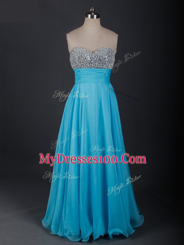 Floor Length Baby Blue Homecoming Dress Chiffon Sleeveless Beading