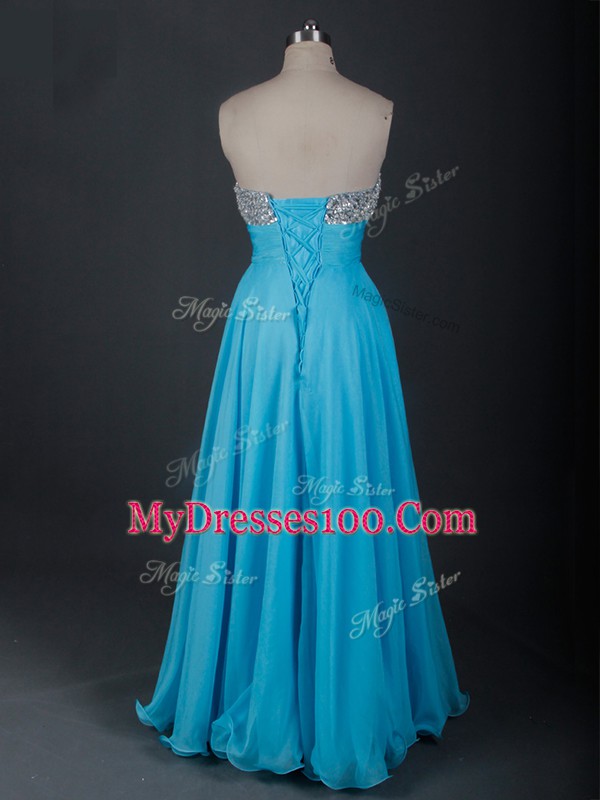 Floor Length Baby Blue Homecoming Dress Chiffon Sleeveless Beading