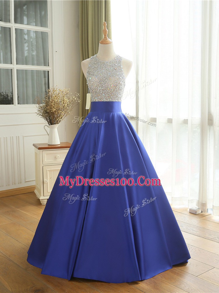 Scoop Sleeveless Satin Prom Dress Beading Backless