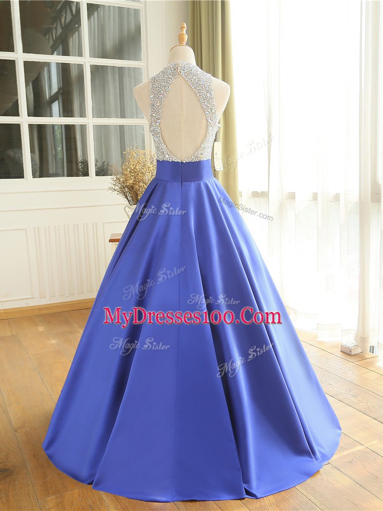Scoop Sleeveless Satin Prom Dress Beading Backless