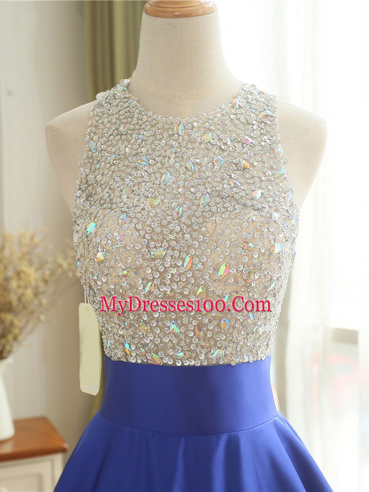 Scoop Sleeveless Satin Prom Dress Beading Backless