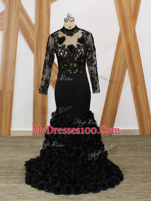 Black Backless Mother Of The Bride Dress Beading and Lace and Appliques and Hand Made Flower Long Sleeves Brush Train