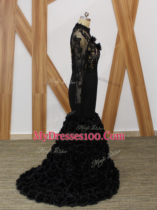 Black Backless Mother Of The Bride Dress Beading and Lace and Appliques and Hand Made Flower Long Sleeves Brush Train
