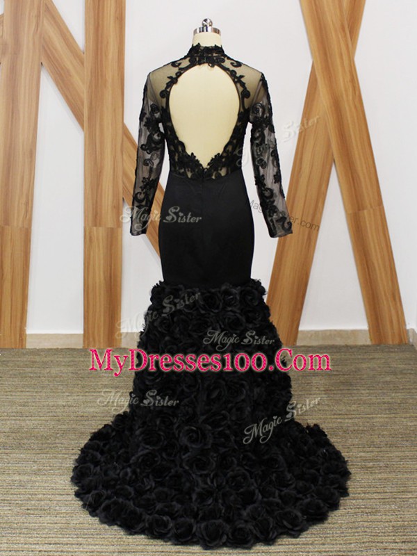 Black Backless Mother Of The Bride Dress Beading and Lace and Appliques and Hand Made Flower Long Sleeves Brush Train