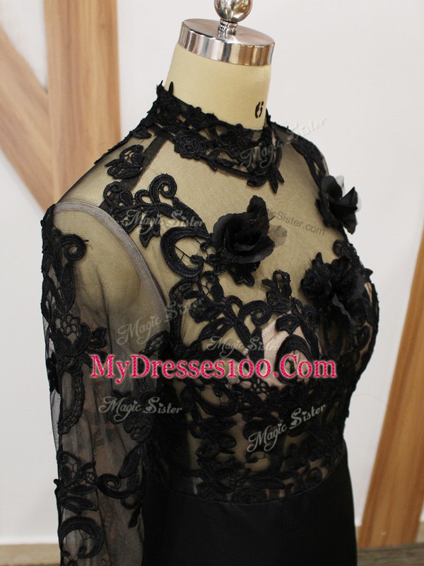 Black Backless Mother Of The Bride Dress Beading and Lace and Appliques and Hand Made Flower Long Sleeves Brush Train