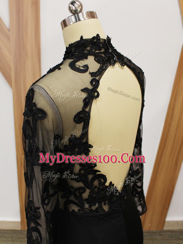 Black Backless Mother Of The Bride Dress Beading and Lace and Appliques and Hand Made Flower Long Sleeves Brush Train