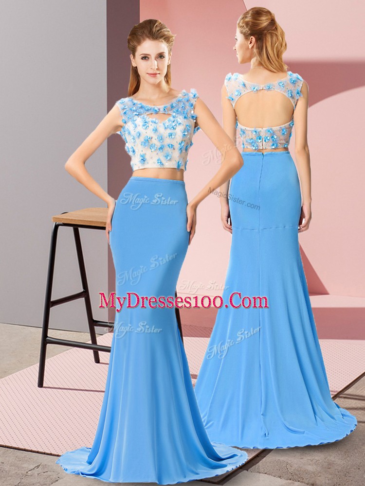 Baby Blue Chiffon Backless Prom Party Dress Sleeveless Brush Train Beading and Hand Made Flower