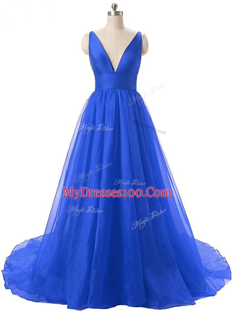 Royal Blue Organza Backless V-neck Sleeveless Prom Party Dress Brush Train Ruching
