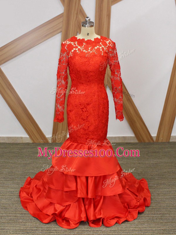 Red Long Sleeves Lace and Appliques Floor Length Homecoming Dress