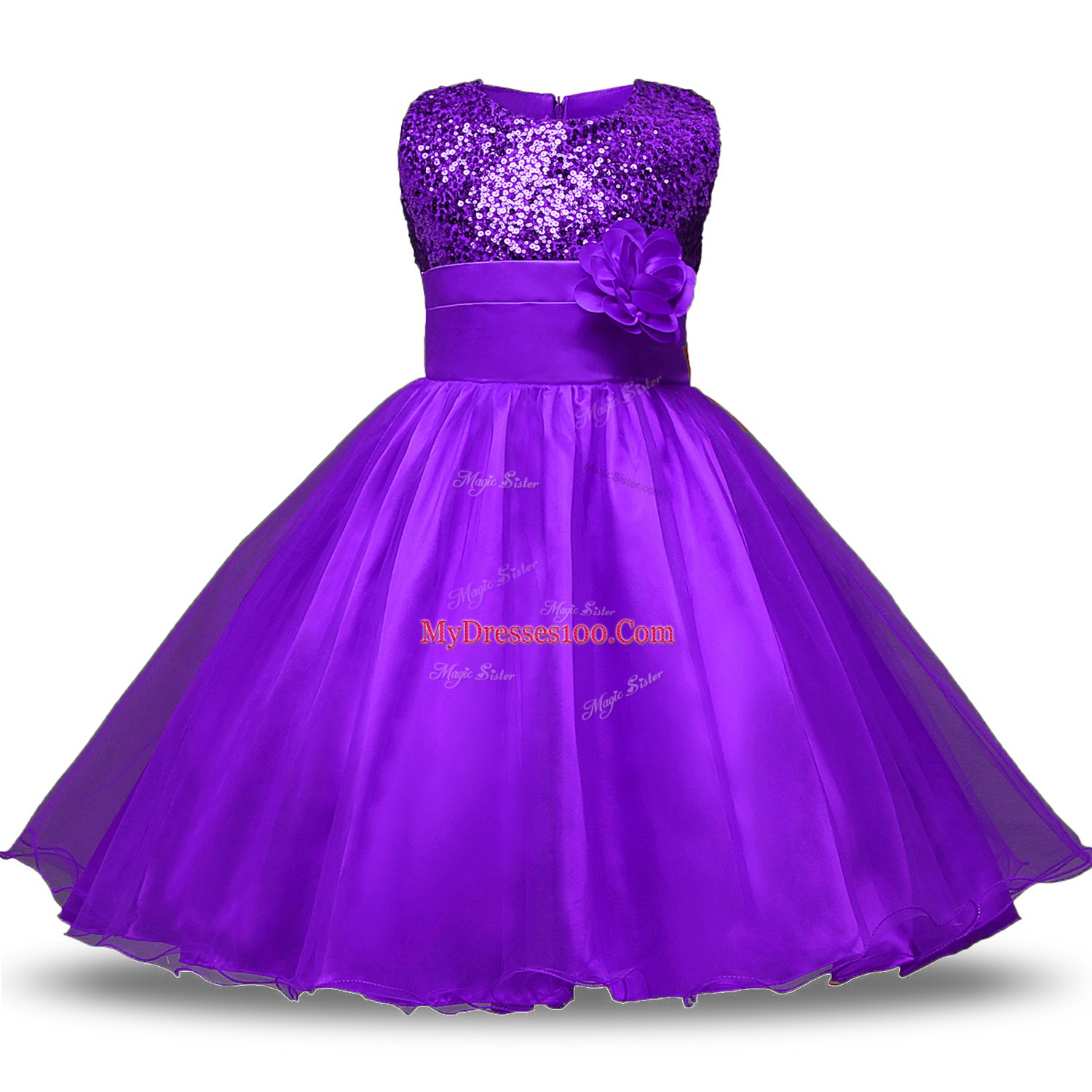 Shining Sleeveless Knee Length Bowknot and Belt and Hand Made Flower Zipper Toddler Flower Girl Dress with Eggplant Purple