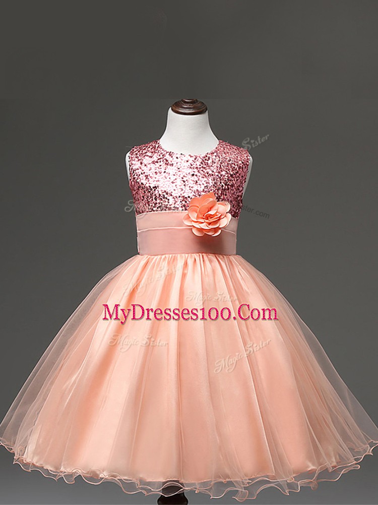 Knee Length Ball Gowns Sleeveless Peach Girls Pageant Dresses Zipper