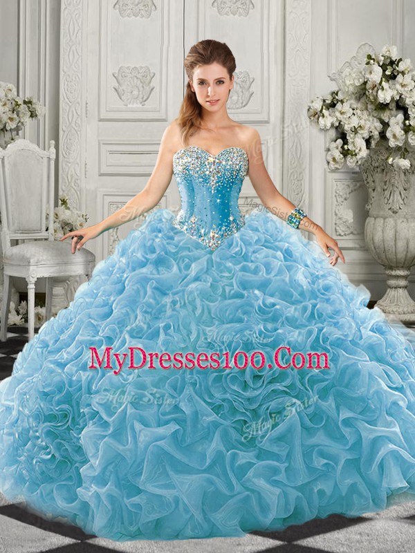 Aqua Blue Ball Gowns Beading and Ruffles Quinceanera Dress Lace Up Organza Sleeveless