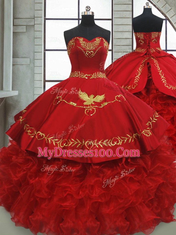 Flirting Wine Red Sweetheart Lace Up Beading and Embroidery and Ruffles Vestidos de Quinceanera Brush Train Sleeveless