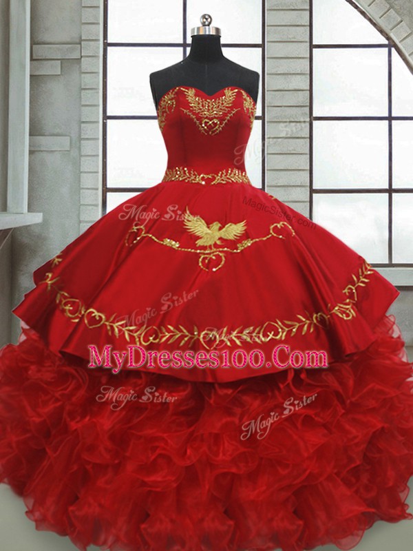Flirting Wine Red Sweetheart Lace Up Beading and Embroidery and Ruffles Vestidos de Quinceanera Brush Train Sleeveless