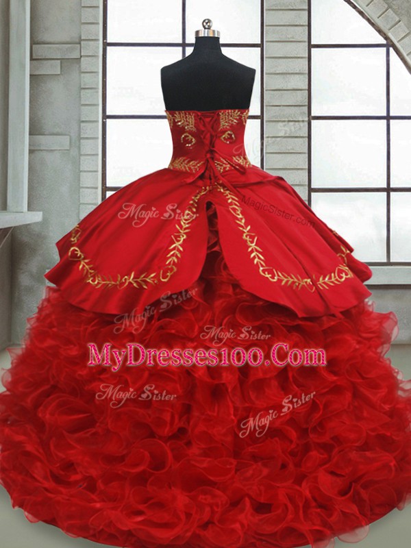 Flirting Wine Red Sweetheart Lace Up Beading and Embroidery and Ruffles Vestidos de Quinceanera Brush Train Sleeveless