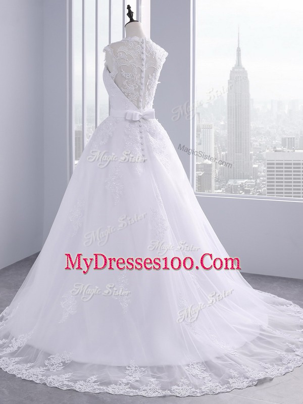 Clearance White Ball Gowns Lace Wedding Gown Clasp Handle Tulle Sleeveless