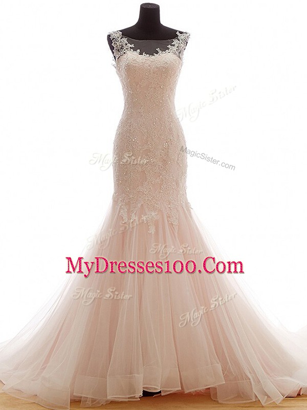Sleeveless Lace Lace Up Wedding Gown with Pink Brush Train