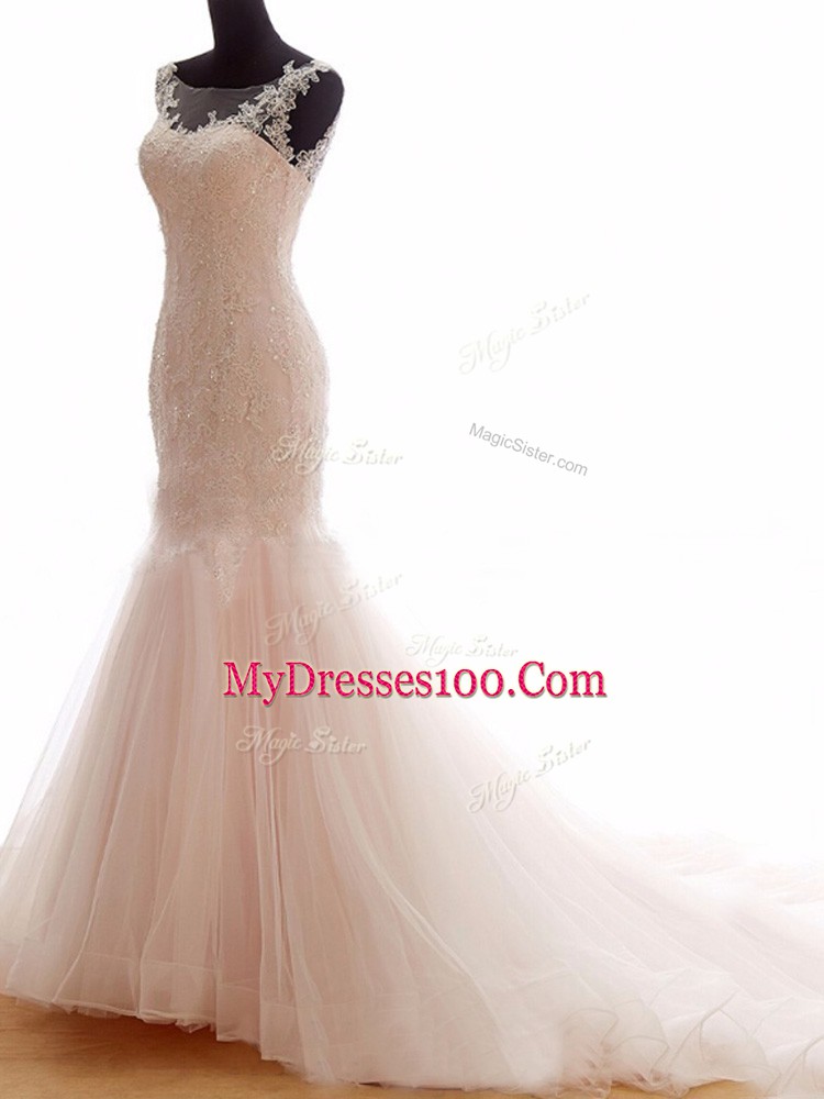 Sleeveless Lace Lace Up Wedding Gown with Pink Brush Train