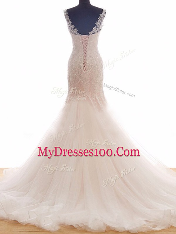 Sleeveless Lace Lace Up Wedding Gown with Pink Brush Train