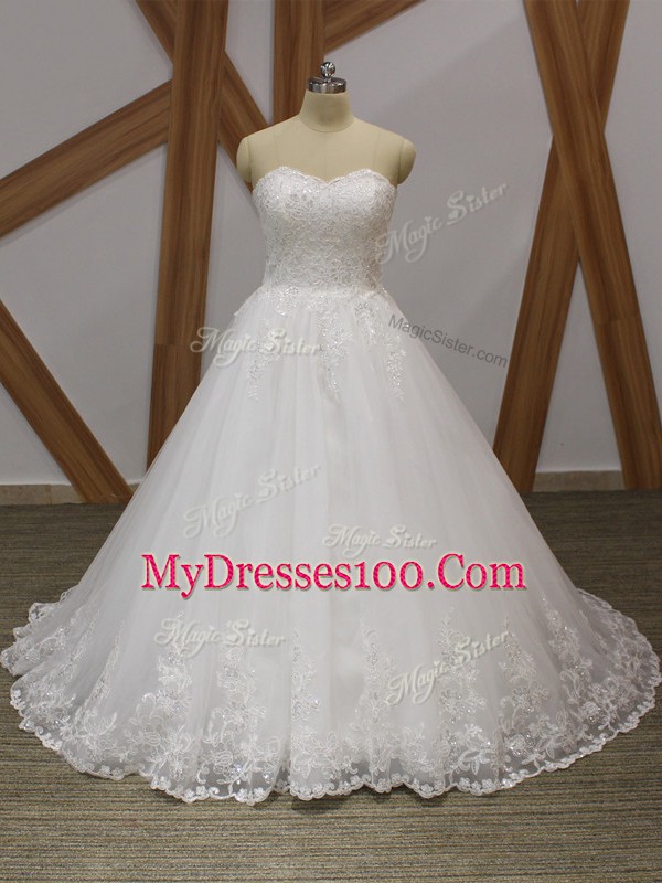 Lace and Appliques Wedding Gown White Lace Up Sleeveless Brush Train