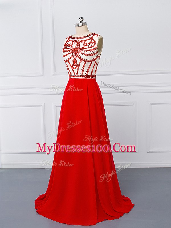 Red Sleeveless Sweep Train Beading Evening Dress