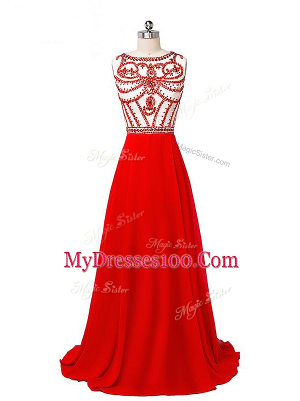 Red Sleeveless Sweep Train Beading Evening Dress