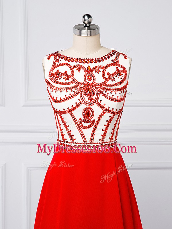Red Sleeveless Sweep Train Beading Evening Dress