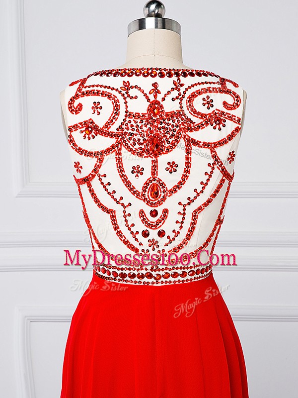Red Sleeveless Sweep Train Beading Evening Dress