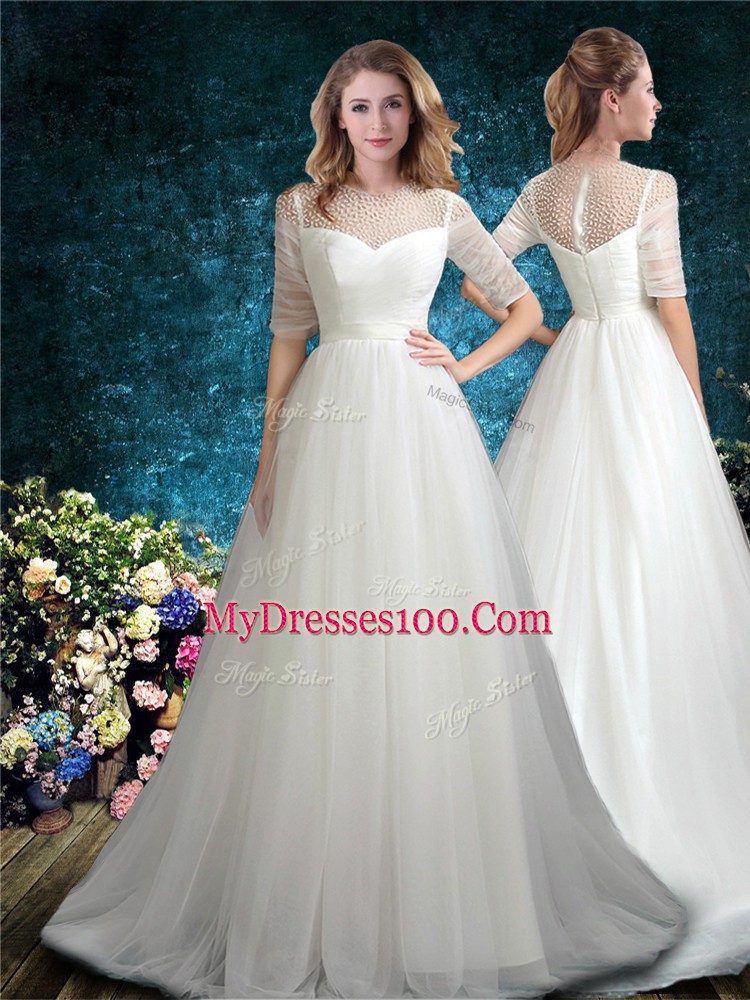 White Wedding Gown Tulle Brush Train Half Sleeves Beading
