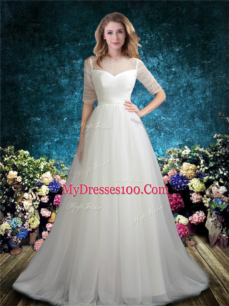 White Wedding Gown Tulle Brush Train Half Sleeves Beading