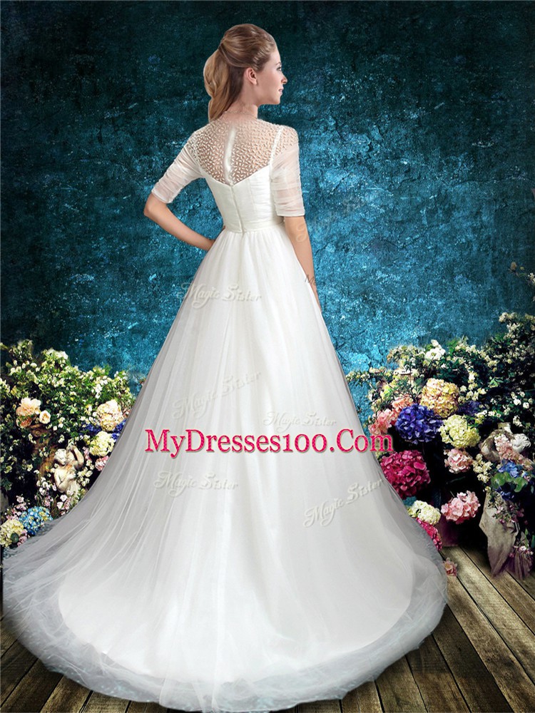 White Wedding Gown Tulle Brush Train Half Sleeves Beading