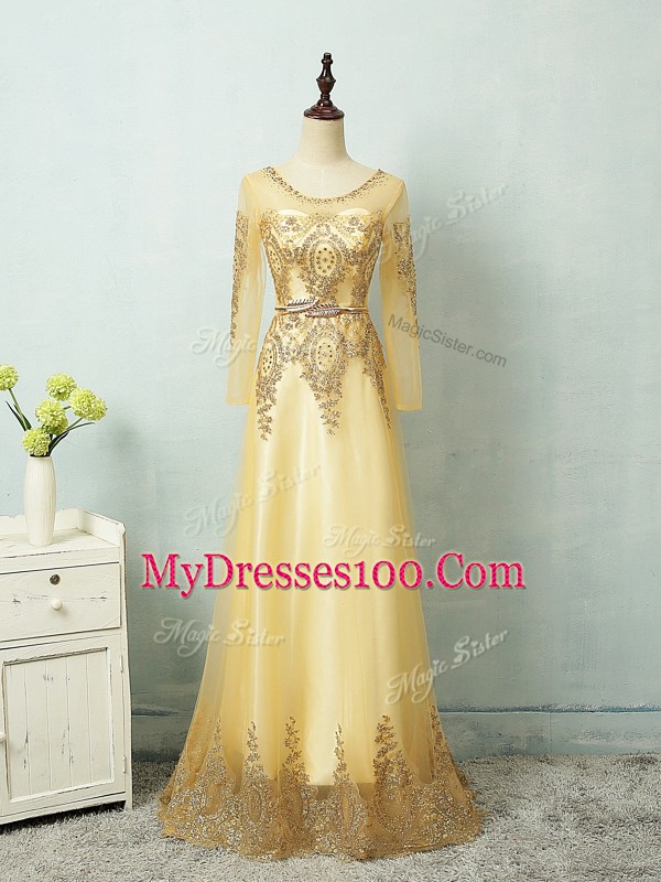 Attractive Column/Sheath Prom Party Dress Yellow Scoop Tulle Long Sleeves Floor Length Zipper