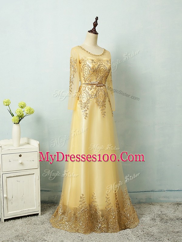 Attractive Column/Sheath Prom Party Dress Yellow Scoop Tulle Long Sleeves Floor Length Zipper