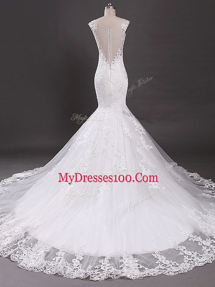 White Sleeveless Tulle Court Train Clasp Handle Wedding Gowns for Wedding Party