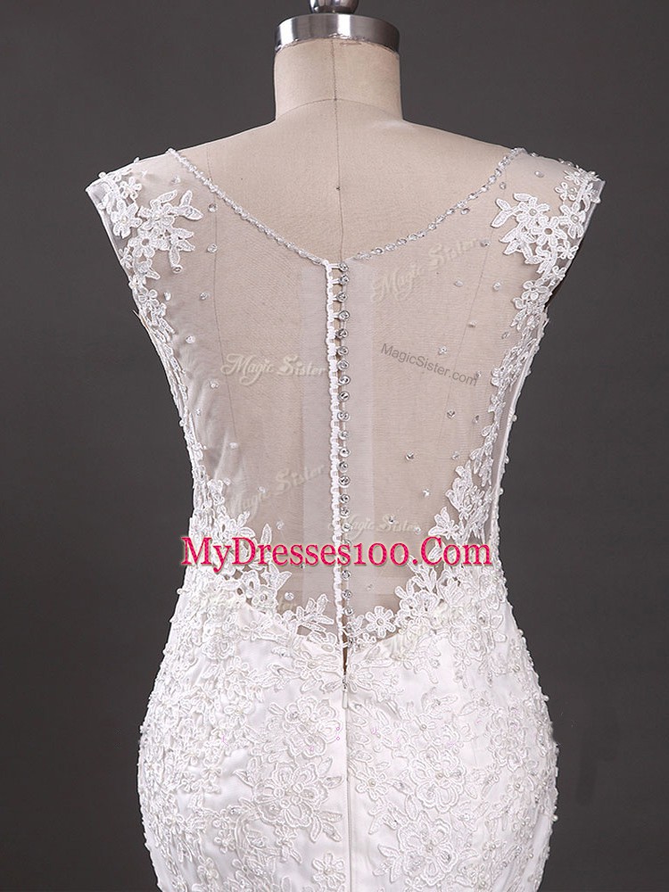 White Sleeveless Tulle Court Train Clasp Handle Wedding Gowns for Wedding Party