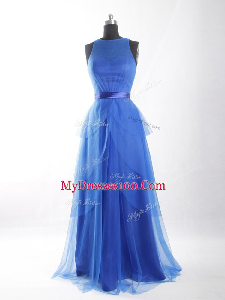 Floor Length Blue Dress for Prom Tulle Sleeveless Beading and Ruffled Layers and Belt
