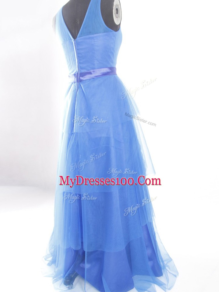 Floor Length Blue Dress for Prom Tulle Sleeveless Beading and Ruffled Layers and Belt